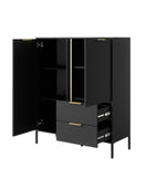 Gala highboard with open doors, pull-out drawers, gold bar handles, and side shelves