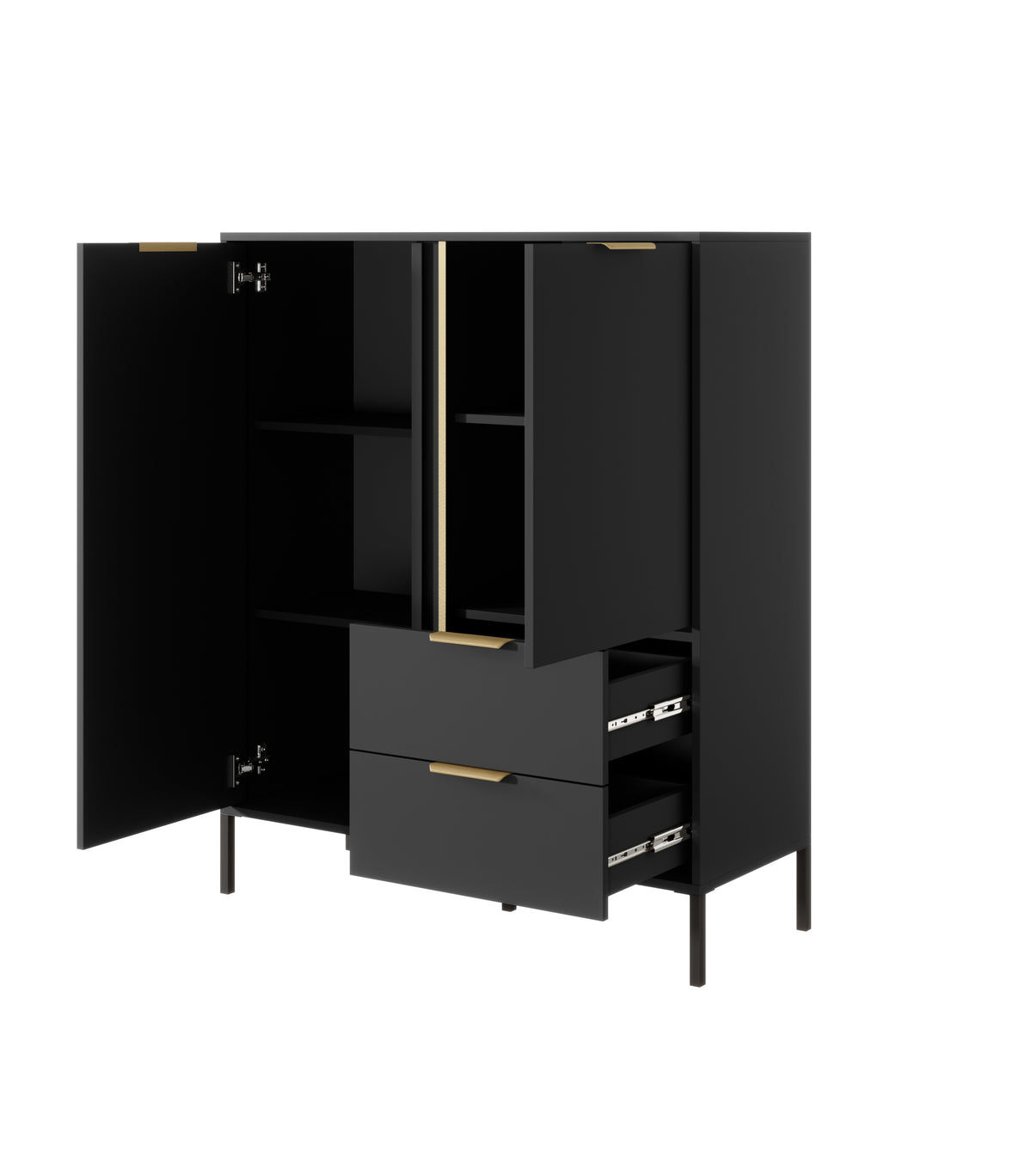 Gala highboard with open doors, pull-out drawers, gold bar handles, and side shelves