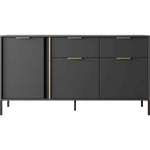 Dark modern sideboard with 3 doors, 2 drawers, and gold bar handles