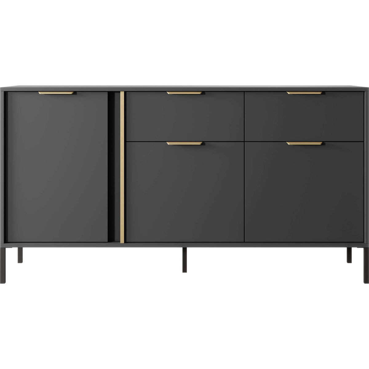 Dark modern sideboard with 3 doors, 2 drawers, and gold bar handles