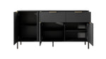 Dark sideboard cabinet with open shelves, 2 drawers, and gold bar handles