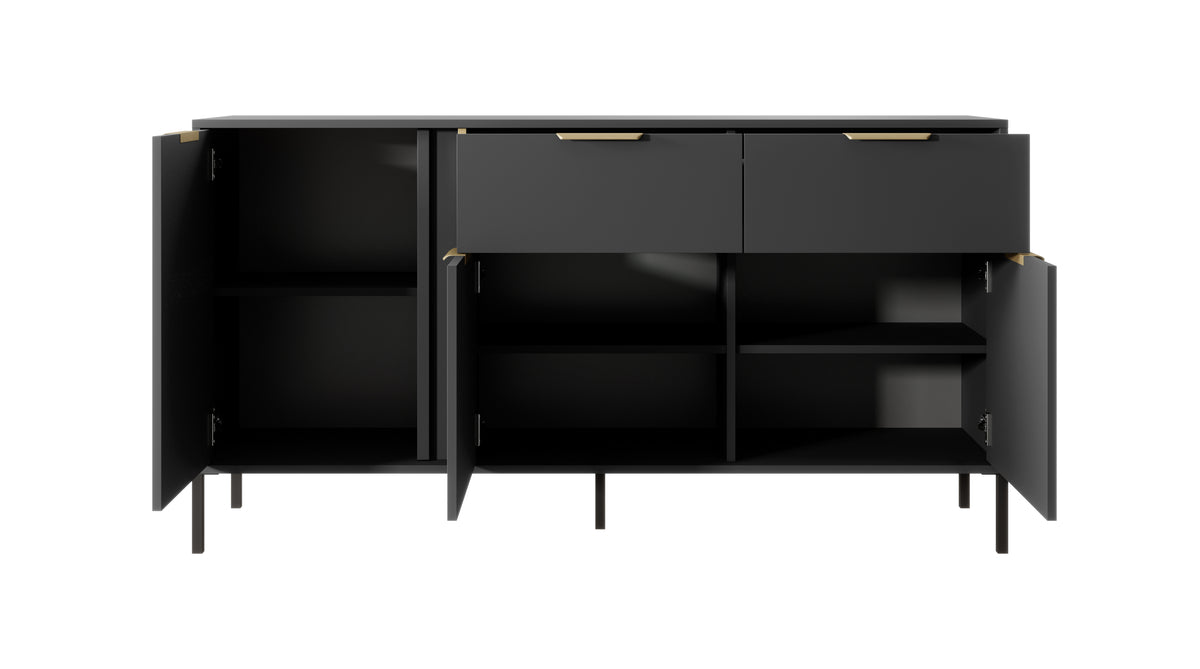 Dark sideboard cabinet with open shelves, 2 drawers, and gold bar handles