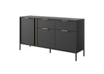 Dark sideboard with left door, 2 center drawers, and gold bar handles