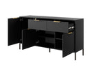 Dark sideboard with open doors and shelves, 2 drawers, and gold bar handles