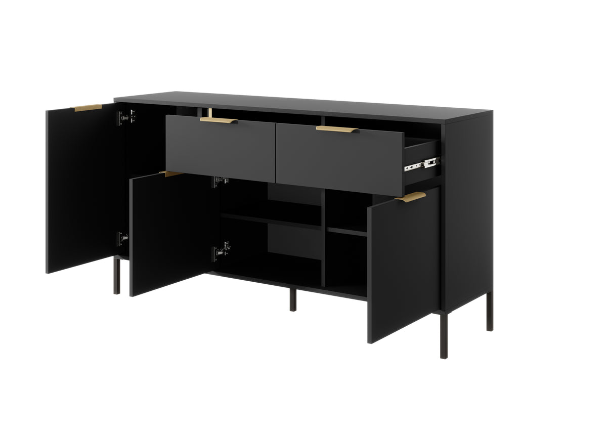 Dark sideboard with open doors and shelves, 2 drawers, and gold bar handles