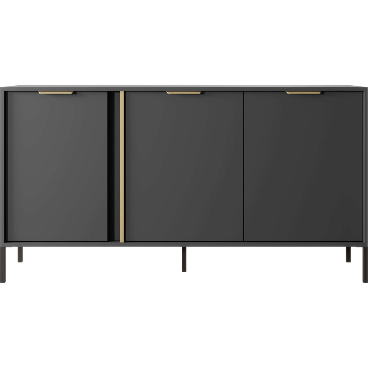 Dark gray 3-door sideboard with gold-tone accents and slim metal legs