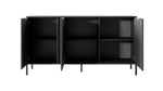 Open dark gray 3-door sideboard with interior shelves and gold-tone hinges
