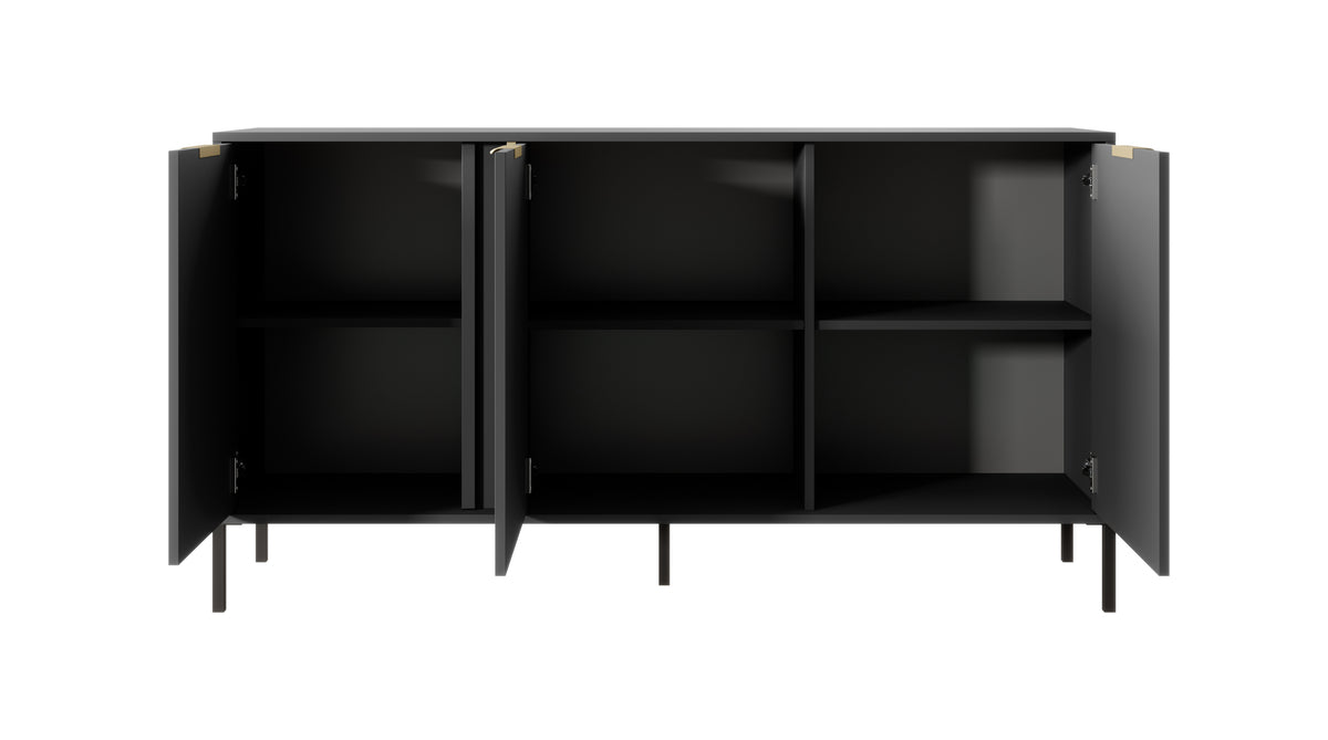 Open dark gray 3-door sideboard with interior shelves and gold-tone hinges