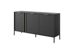 Dark gray 3-door sideboard with gold-tone bar pulls and straight metal legs