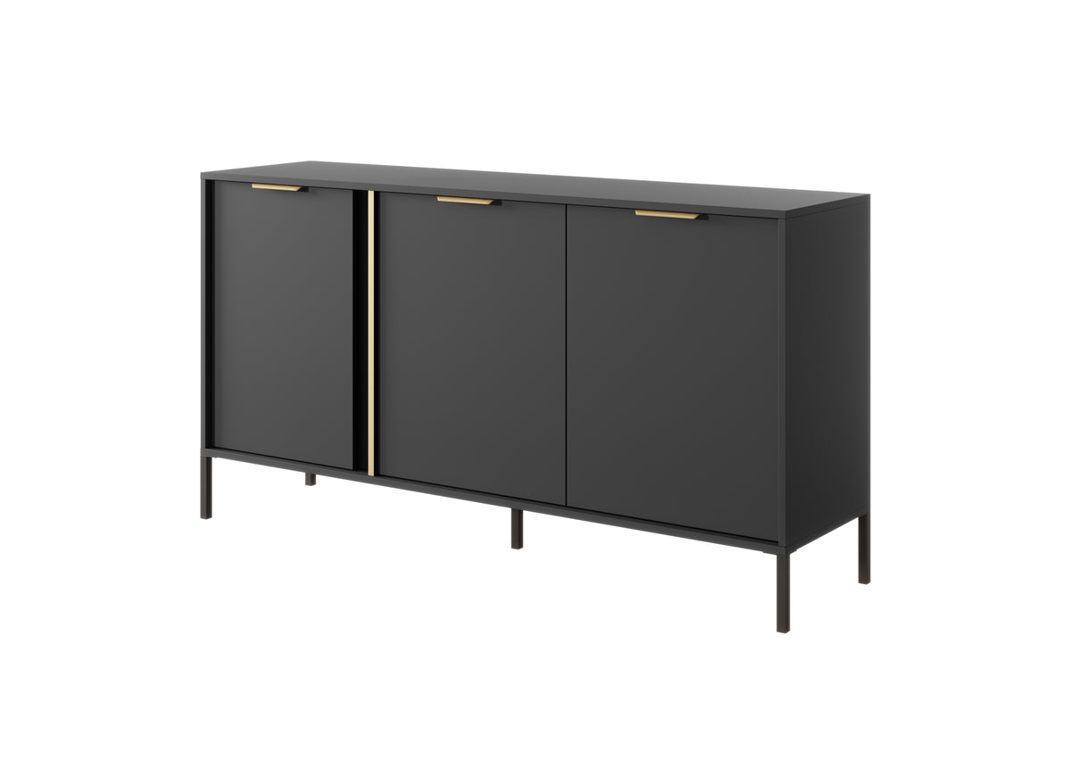 Dark gray 3-door sideboard with gold-tone bar pulls and straight metal legs