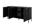 Corner view of dark gray 3-door sideboard with open compartments and gold-tone hinges