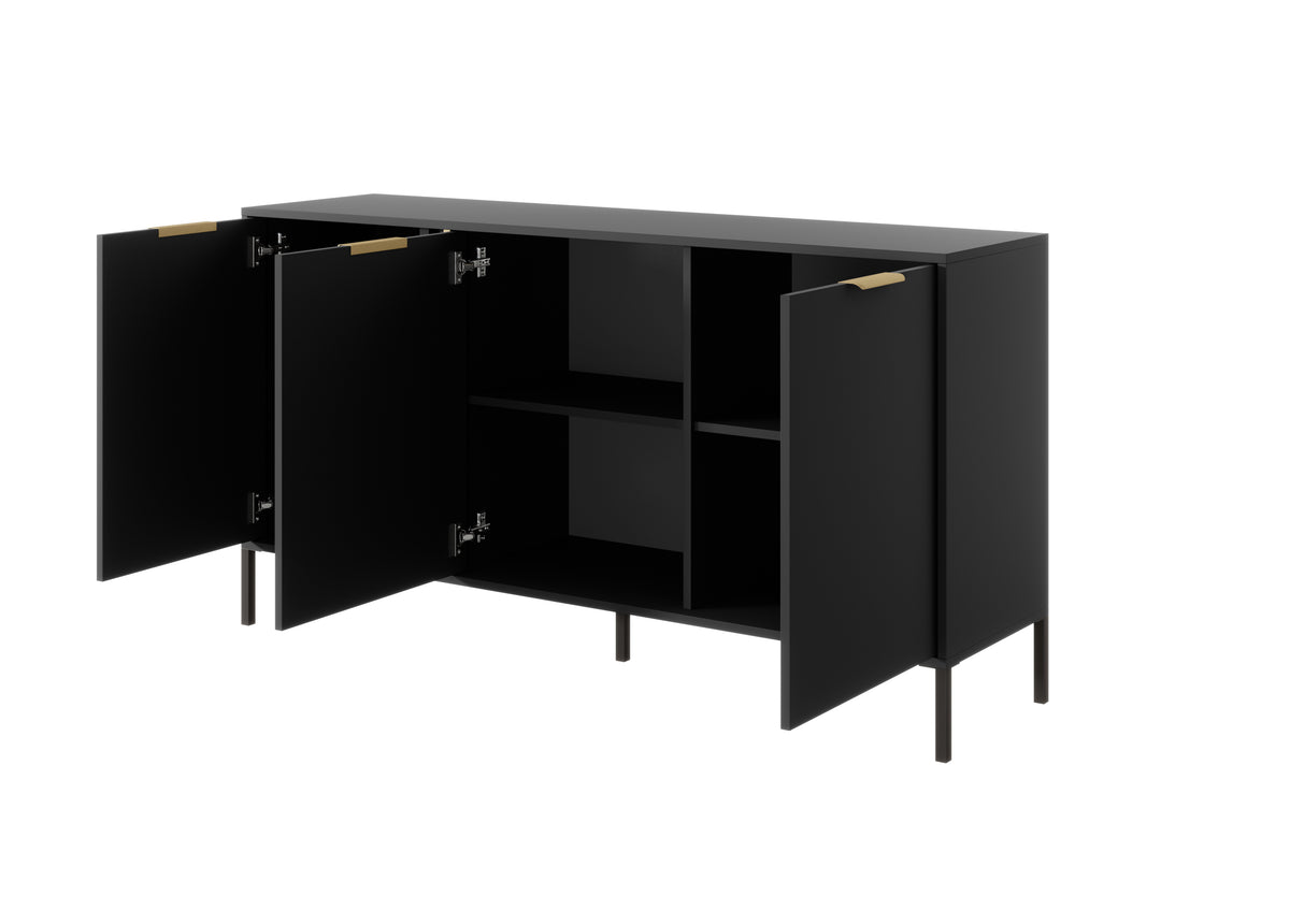 Corner view of dark gray 3-door sideboard with open compartments and gold-tone hinges