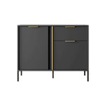 Dark gray sideboard with two doors, one drawer, and gold bar handles on legs