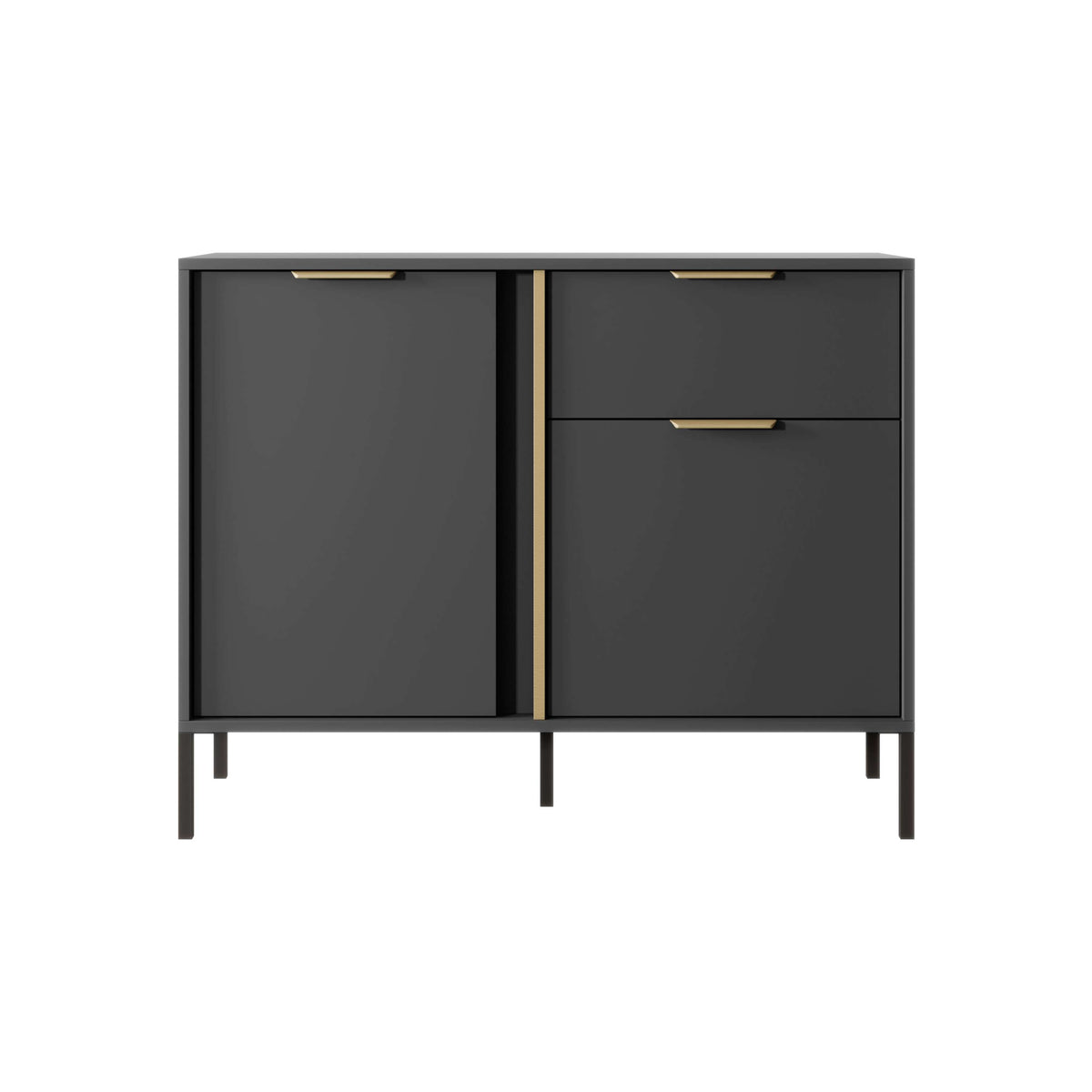 Dark gray sideboard with two doors, one drawer, and gold bar handles on legs
