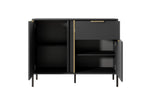 Dark gray sideboard open to two compartments and one drawer with gold bar handles