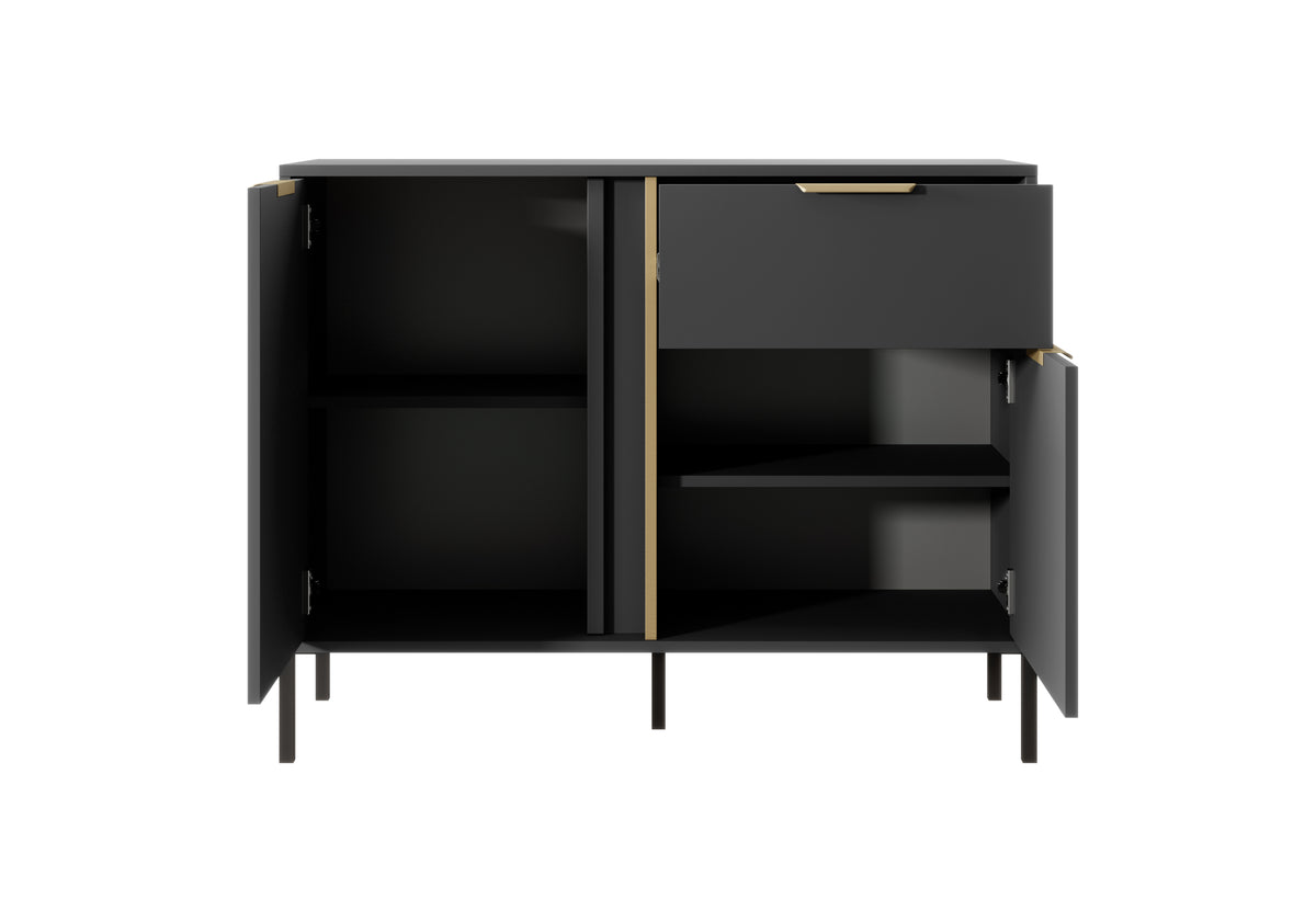 Dark gray sideboard open to two compartments and one drawer with gold bar handles
