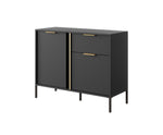 Dark gray sideboard with two doors and one drawer, gold bar handles, side view