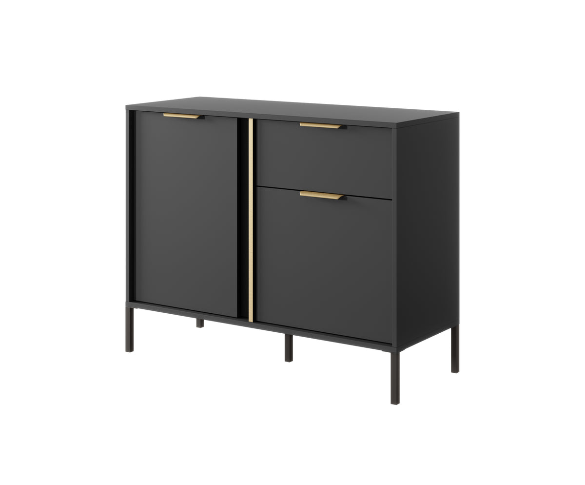 Dark gray sideboard with two doors and one drawer, gold bar handles, side view