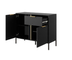 Dark gray sideboard open with interior shelves, one drawer, gold bar handles on legs