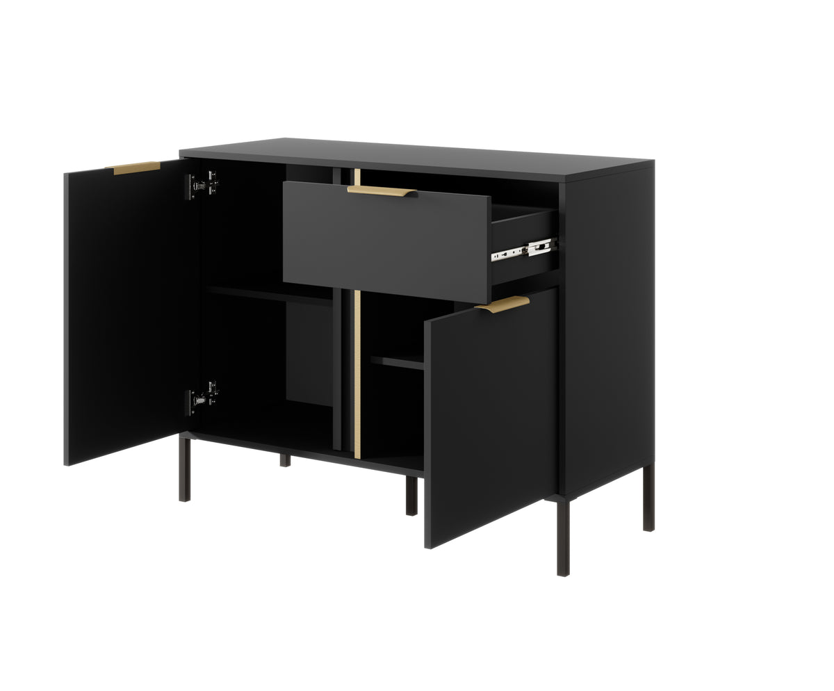 Dark gray sideboard open with interior shelves, one drawer, gold bar handles on legs