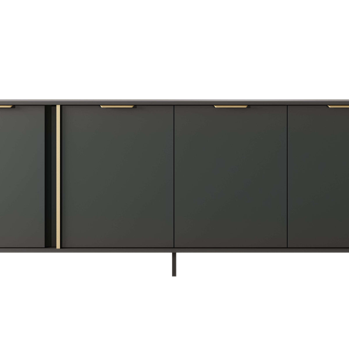 Dark gray 4-door sideboard with gold bar handles and slim legs