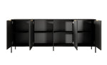 Dark gray 4-door sideboard with open doors and interior shelves