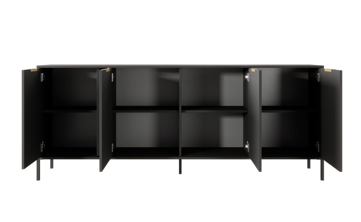 Dark gray 4-door sideboard with open doors and interior shelves
