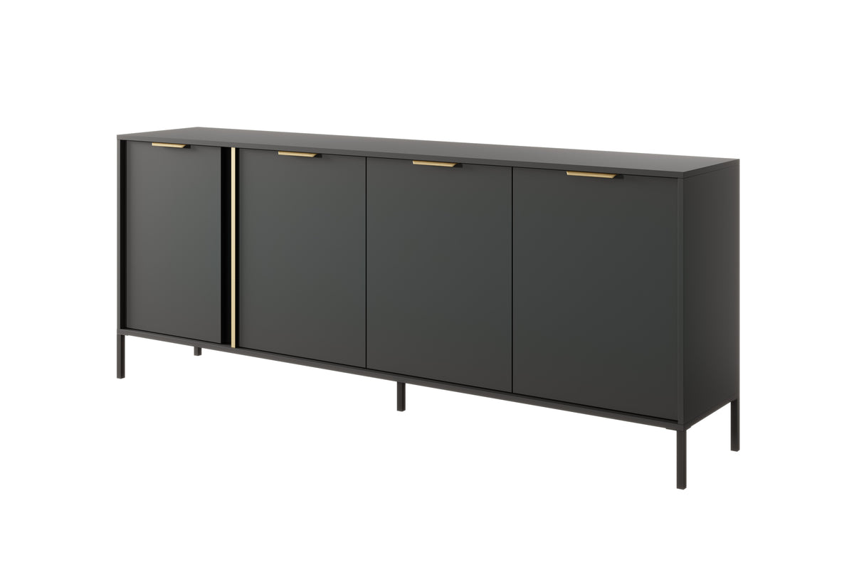 Dark gray sideboard with four doors, gold bar handles, and angled legs