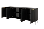 Dark gray sideboard with open compartments, shelves, and gold handles