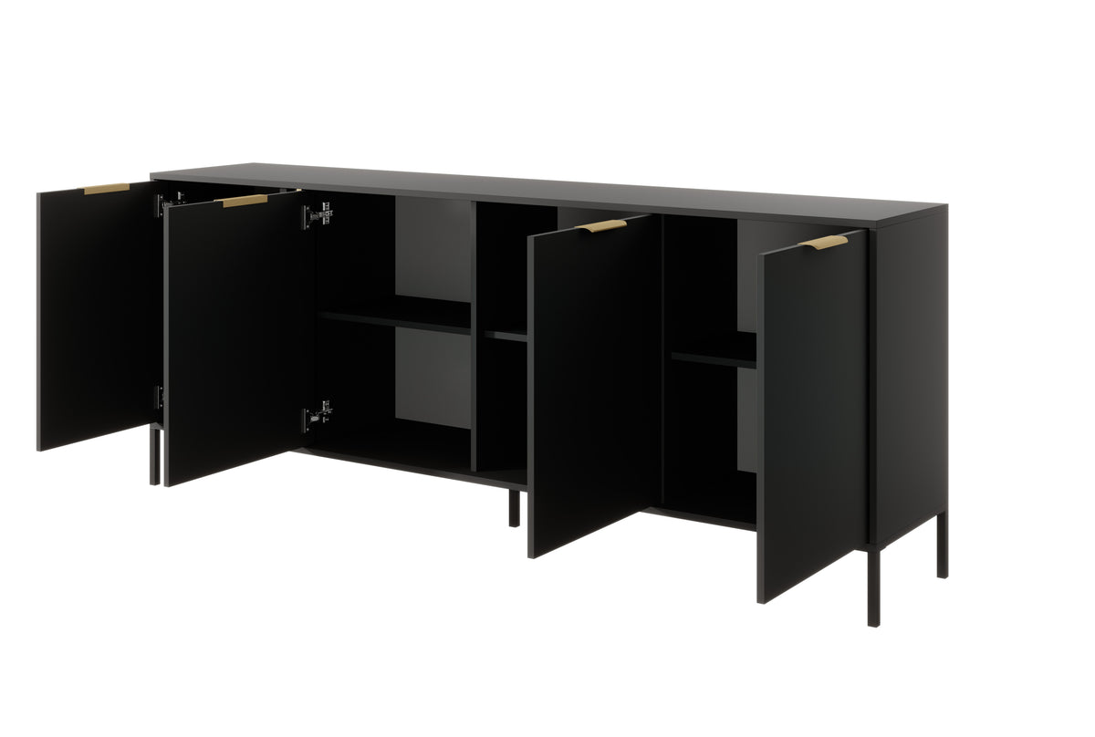 Dark gray sideboard with open compartments, shelves, and gold handles