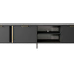 Long TV cabinet with two doors, open shelf, dark gray finish and gold handles.