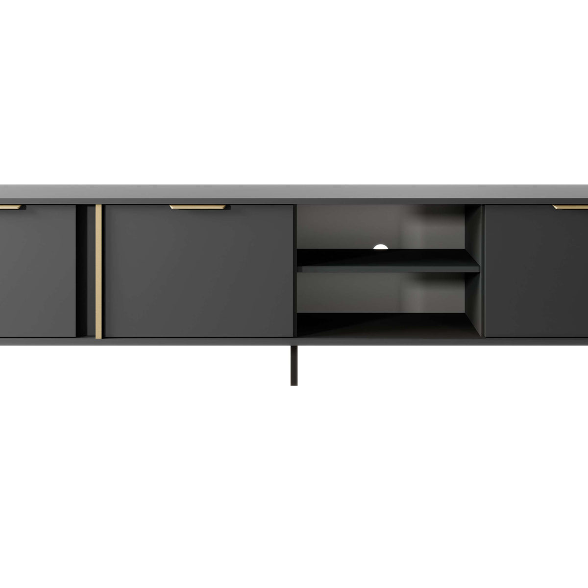 Long TV cabinet with two doors, open shelf, dark gray finish and gold handles.