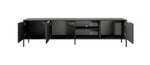Long TV cabinet with side doors open, central open shelf, dark gray and gold accents.