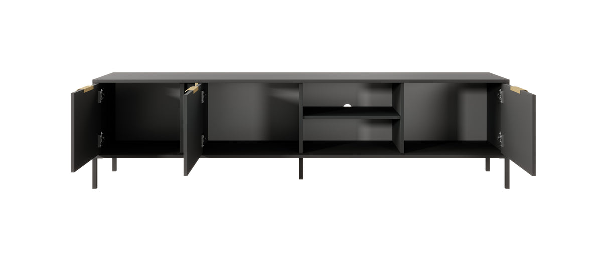 Long TV cabinet with side doors open, central open shelf, dark gray and gold accents.