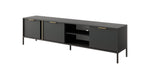 Long TV cabinet with two front doors and central media shelf, dark gray with gold handles.