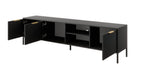 Long TV cabinet with open side panels and central shelf, dark gray, gold hardware.
