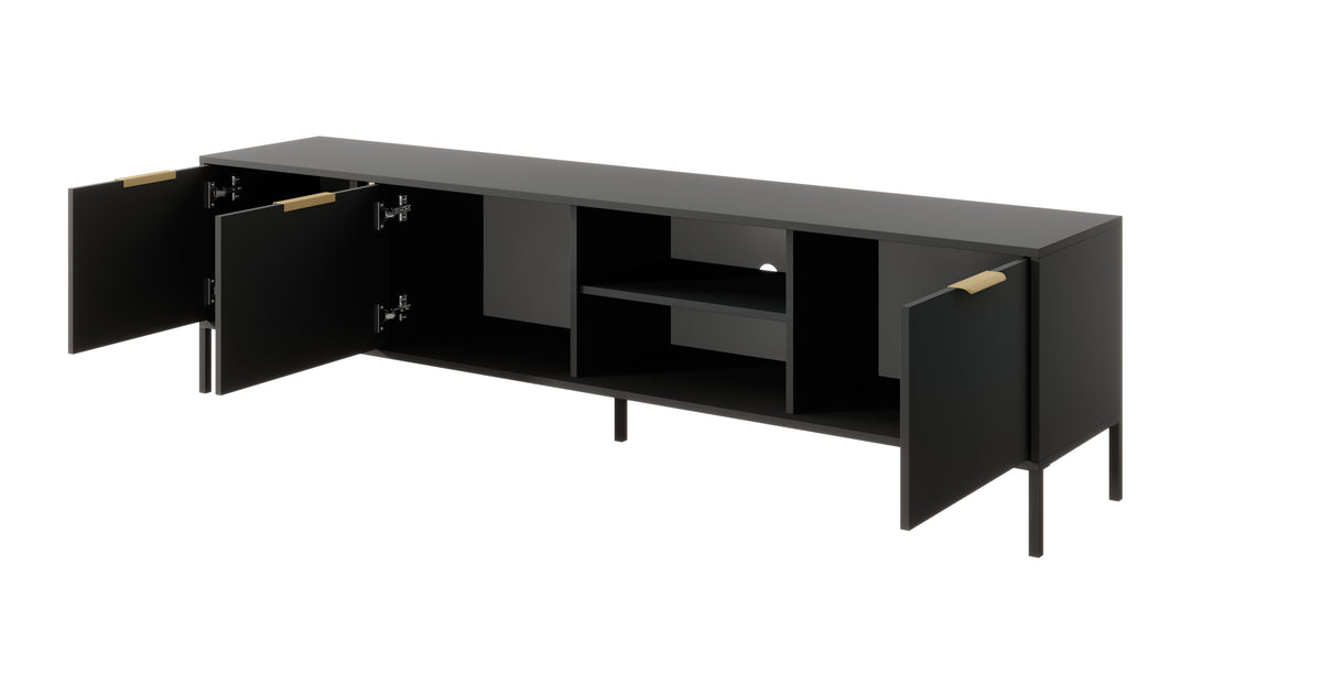 Long TV cabinet with open side panels and central shelf, dark gray, gold hardware.