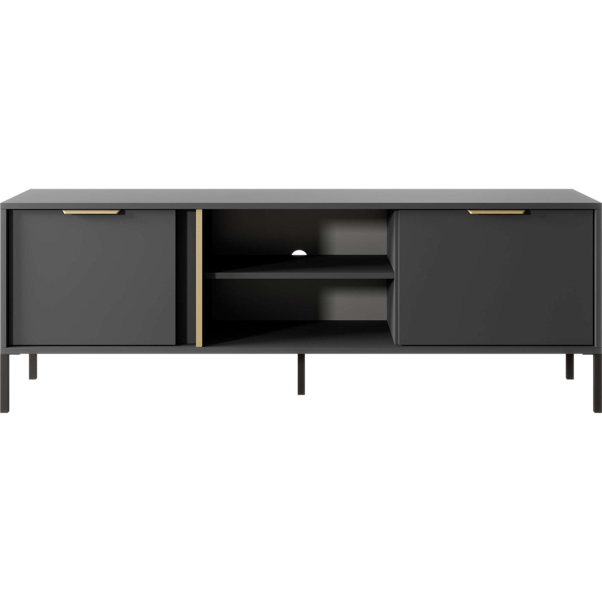 Dark TV cabinet with two side doors, central open shelf, gold handle accents