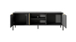 Dark TV cabinet with open doors showing shelves and a gold vertical trim