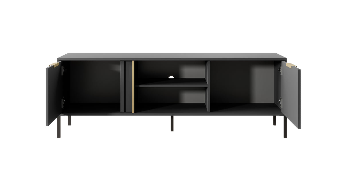 Dark TV cabinet with open doors showing shelves and a gold vertical trim