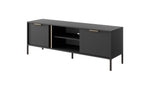 Dark TV cabinet with two front drawers, central media bay, gold pull accents