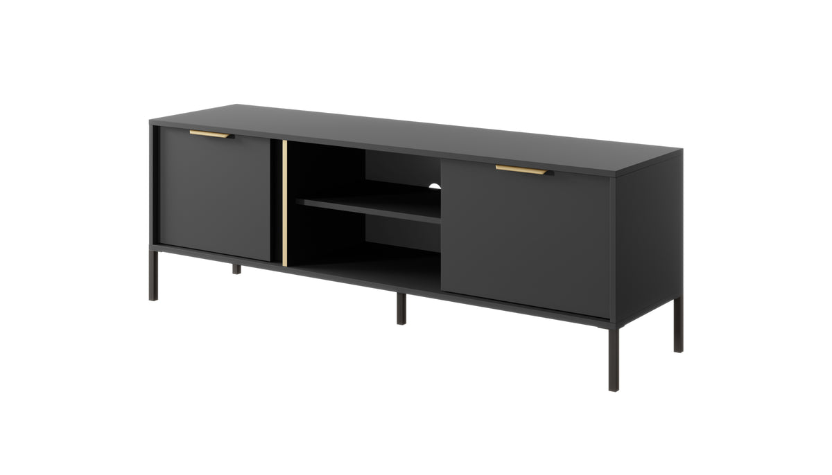 Dark TV cabinet with two front drawers, central media bay, gold pull accents