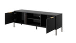 Dark TV cabinet with side doors open, interior shelves, gold hinges and pulls