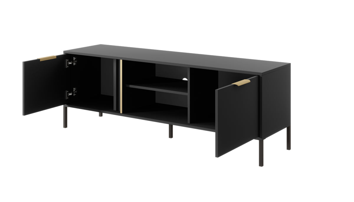 Dark TV cabinet with side doors open, interior shelves, gold hinges and pulls