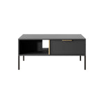 Black coffee table with open shelf, front drawer, and gold bar handle accents