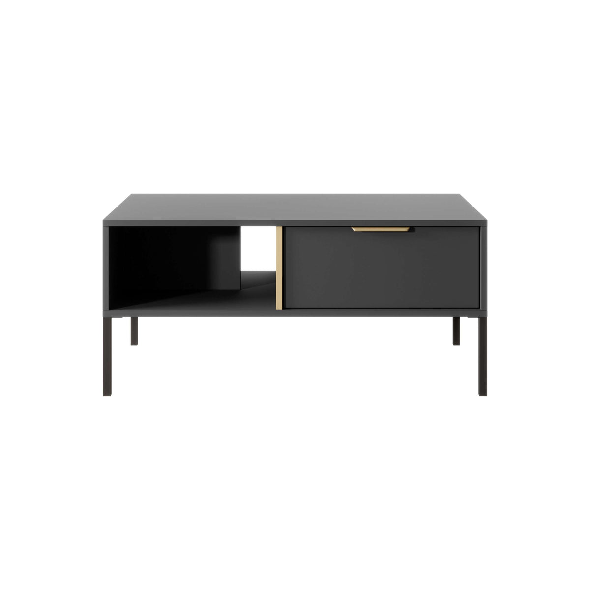Black coffee table with open shelf, front drawer, and gold bar handle accents