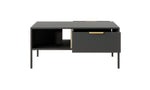 Black coffee table with open side shelf and large front drawer with gold pull