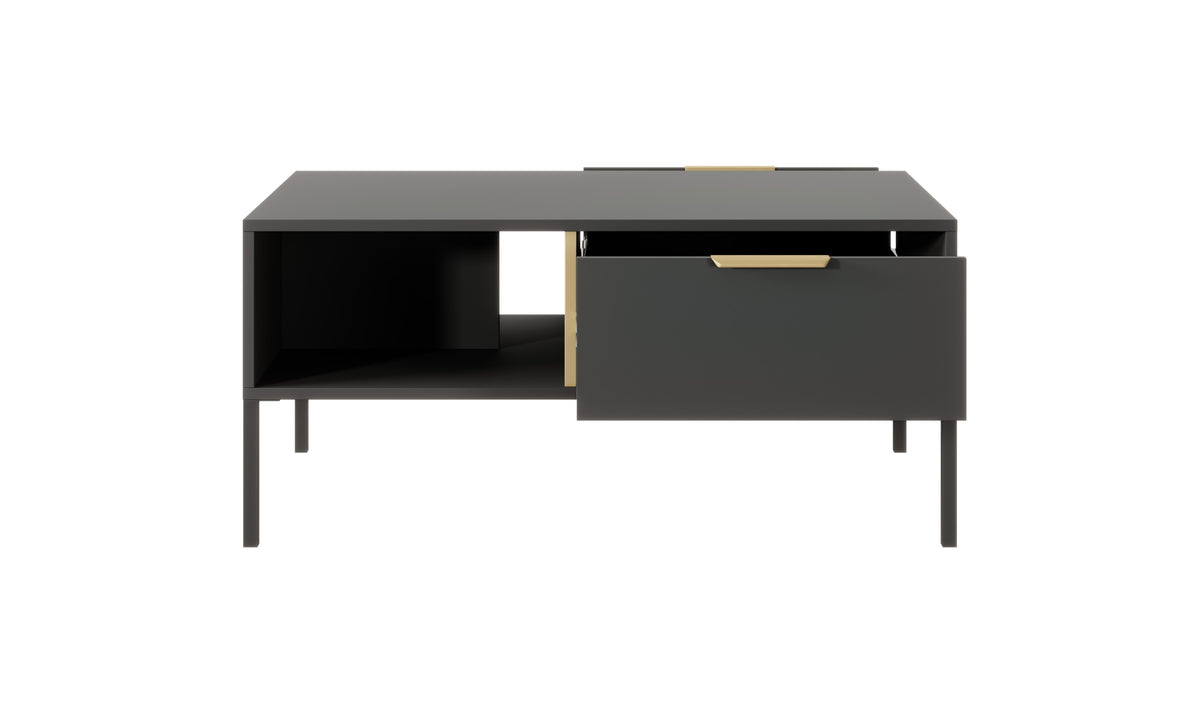 Black coffee table with open side shelf and large front drawer with gold pull