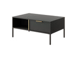 Black coffee table with open storage compartment and wide drawer, corner angle