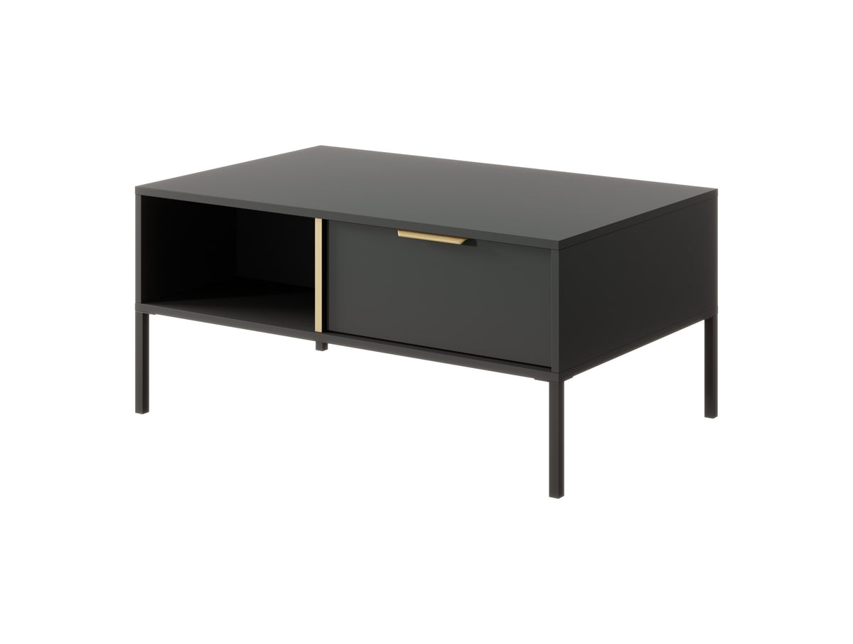 Black coffee table with open storage compartment and wide drawer, corner angle
